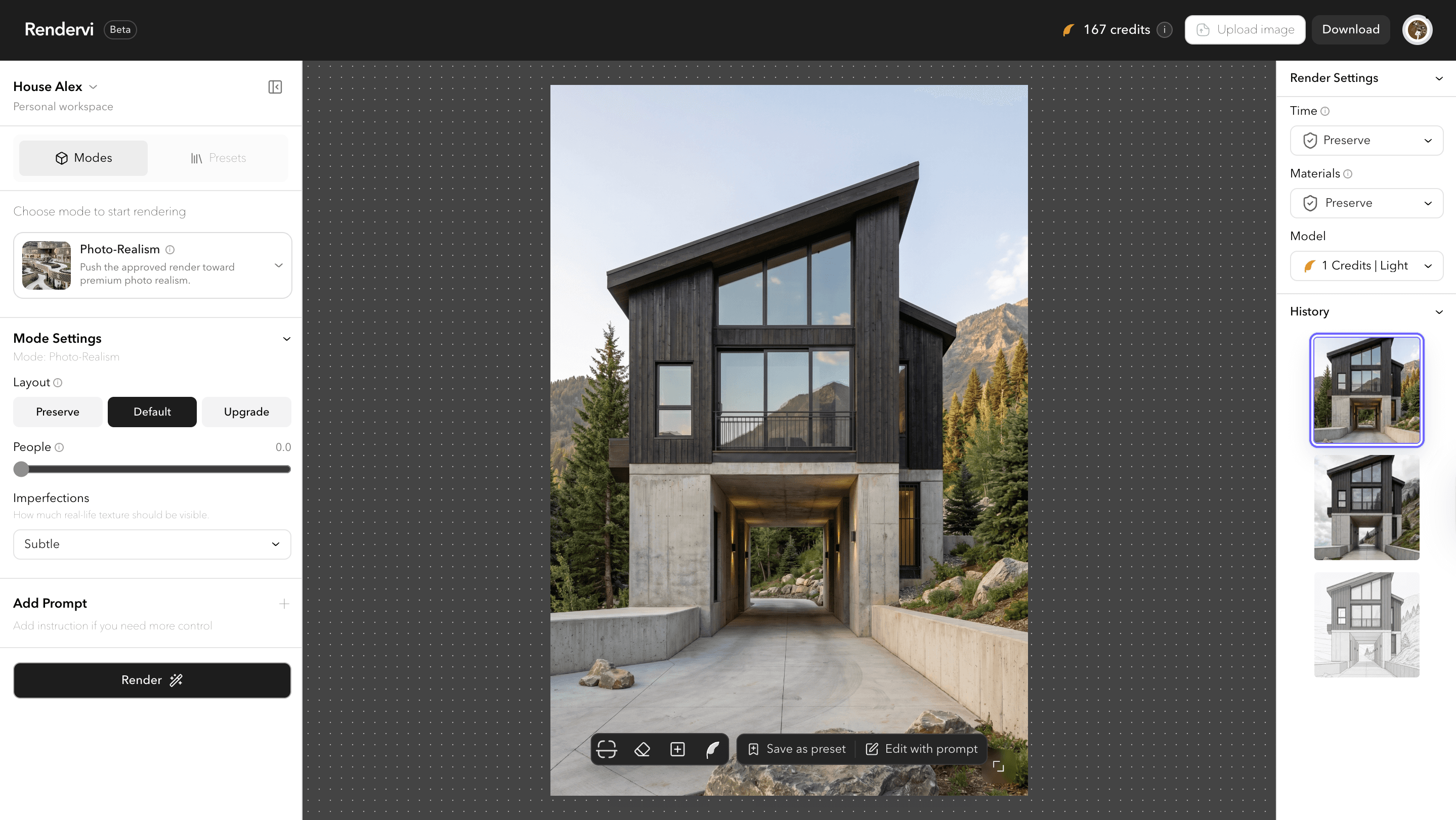 Rendervi AI studio interface