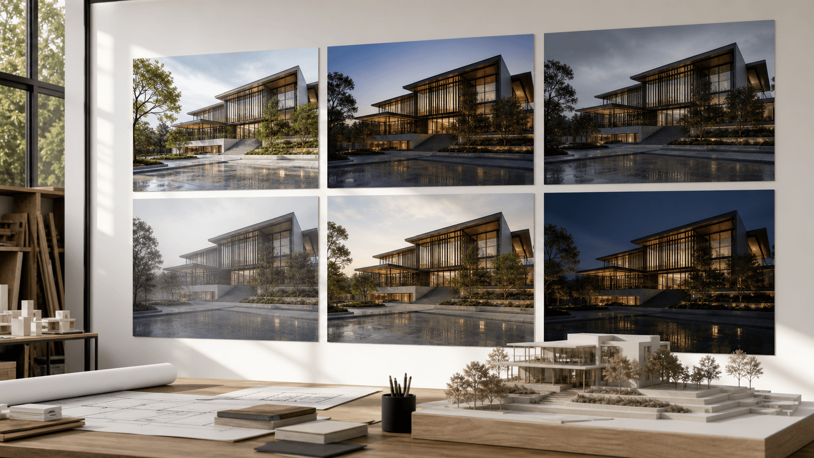 Architecture studio review wall with multiple AI-assisted render options