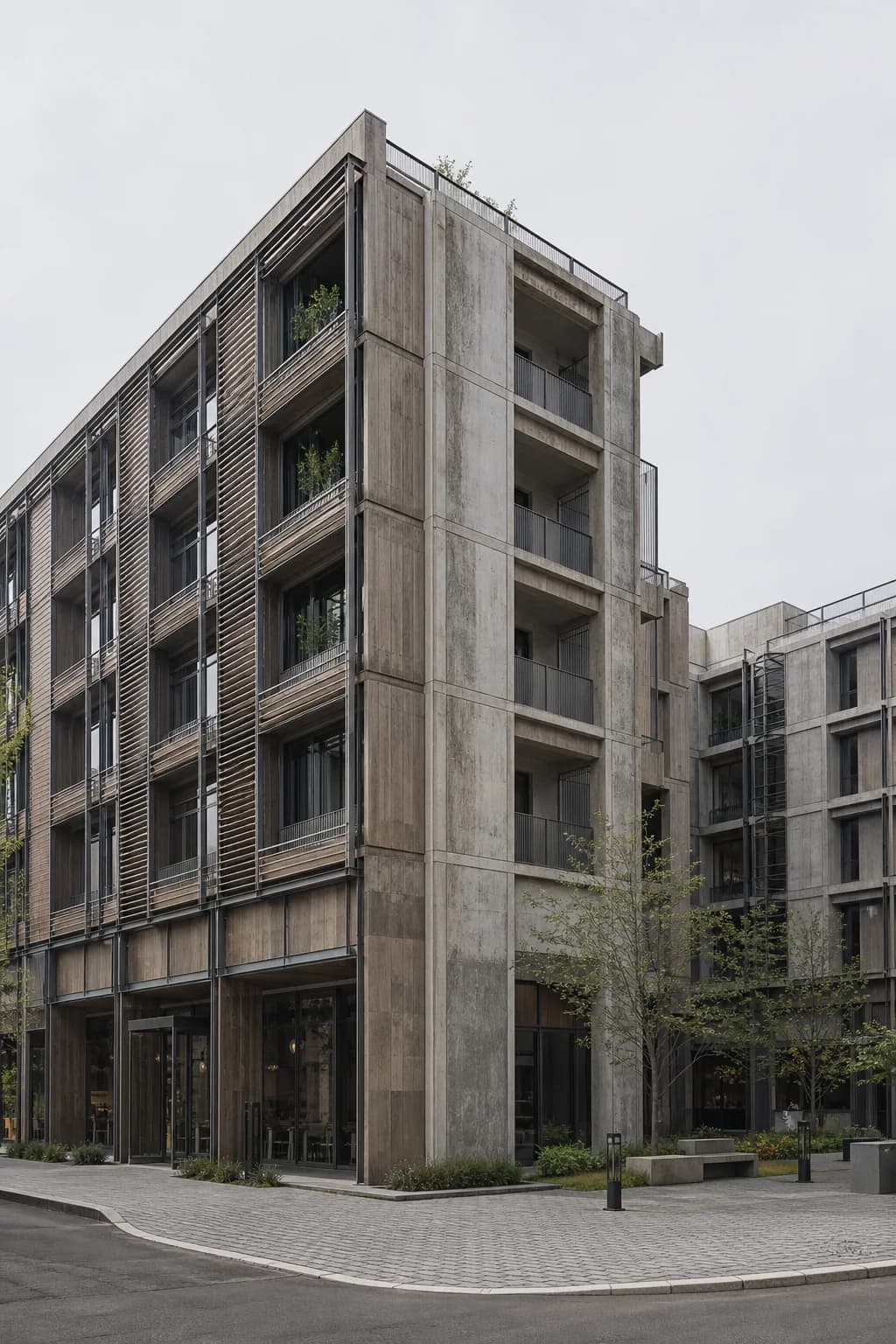 Flat daylight architectural render of an adaptive reuse courtyard block before a lighting upgrade
