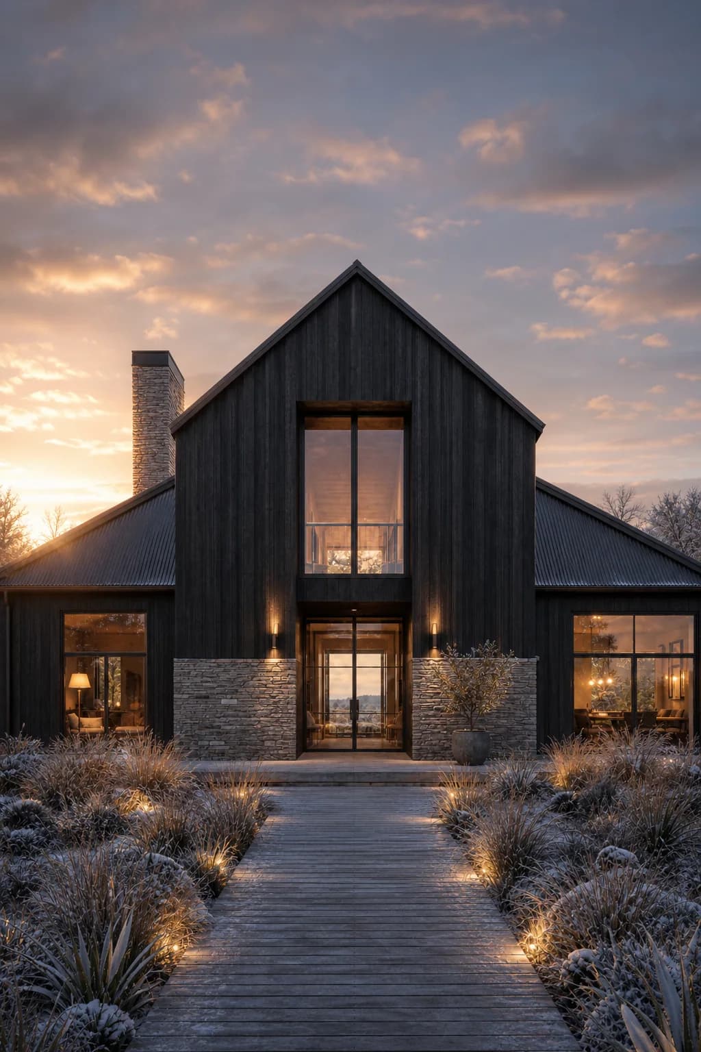 Sunset architectural render of a barn-inspired family home after a Rendervi Light Upgrade