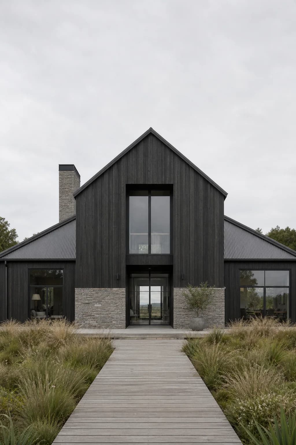 Flat overcast render of a barn-inspired family home before lighting improvement
