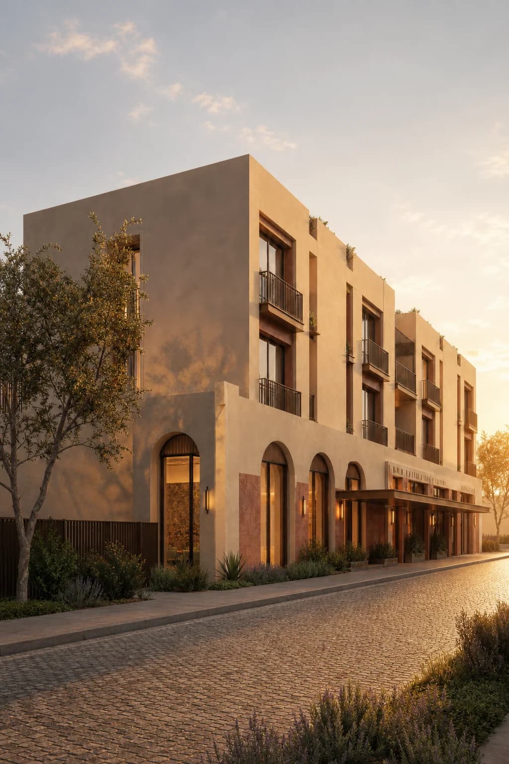 Golden hour boutique hotel architectural render after a Rendervi Light Upgrade