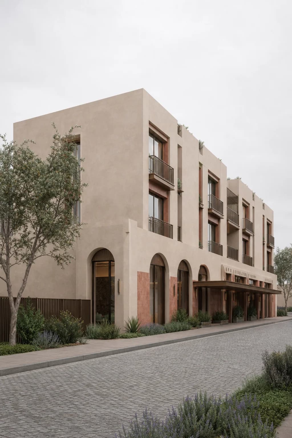 Neutral daylight boutique hotel architectural render before relighting
