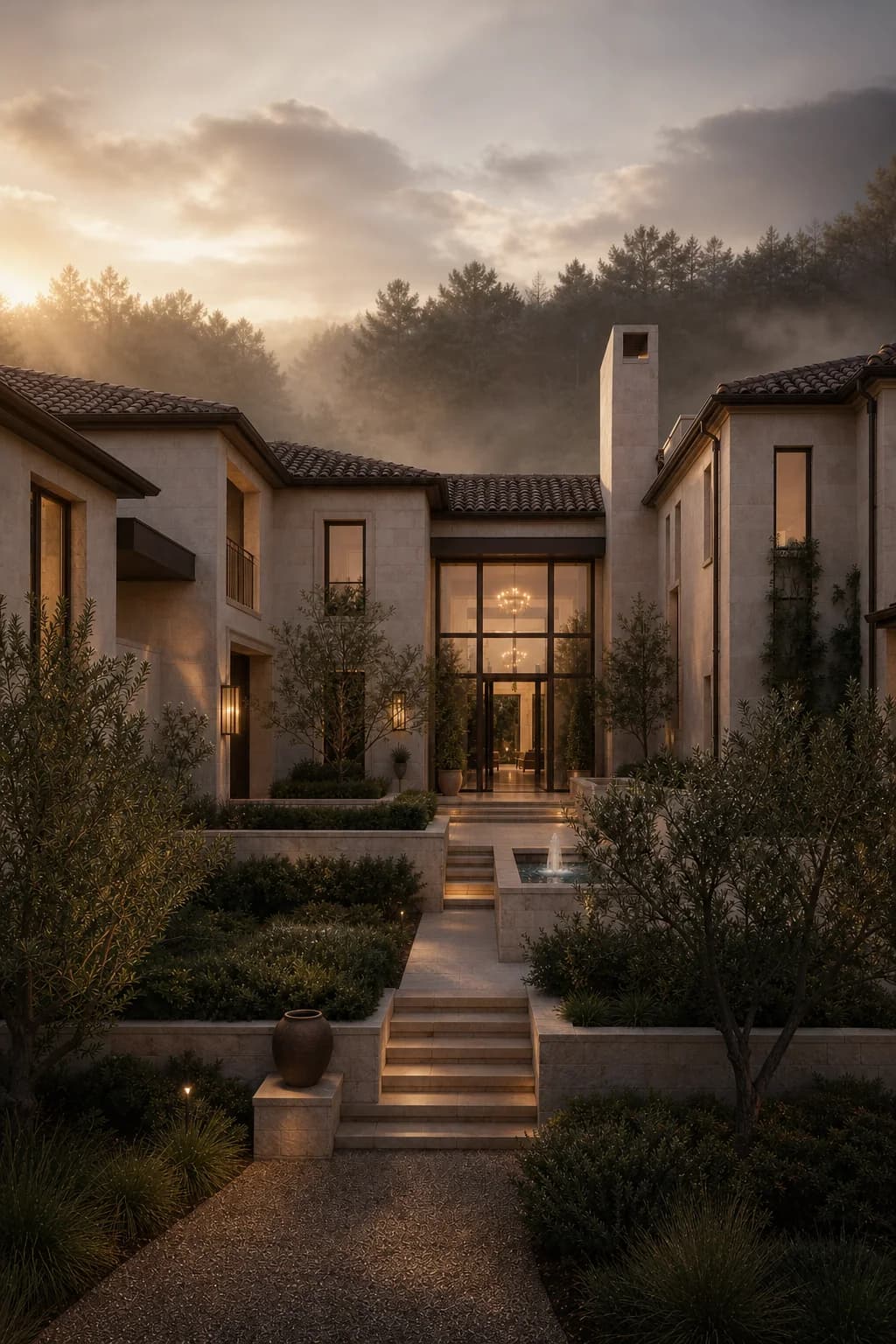 Moody dusk courtyard estate home render after a Rendervi Light Upgrade