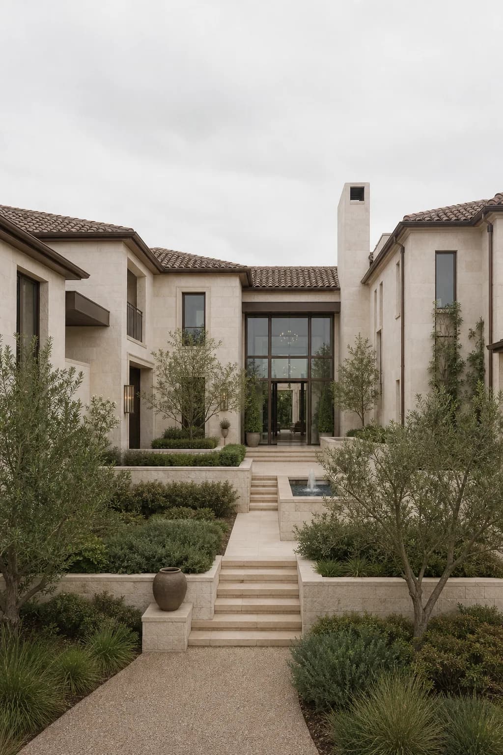 Muted courtyard estate home render before a light and mood upgrade
