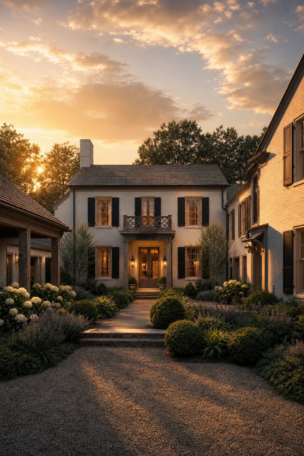 Warm sunset historic-inspired residence render after a Rendervi Light Upgrade