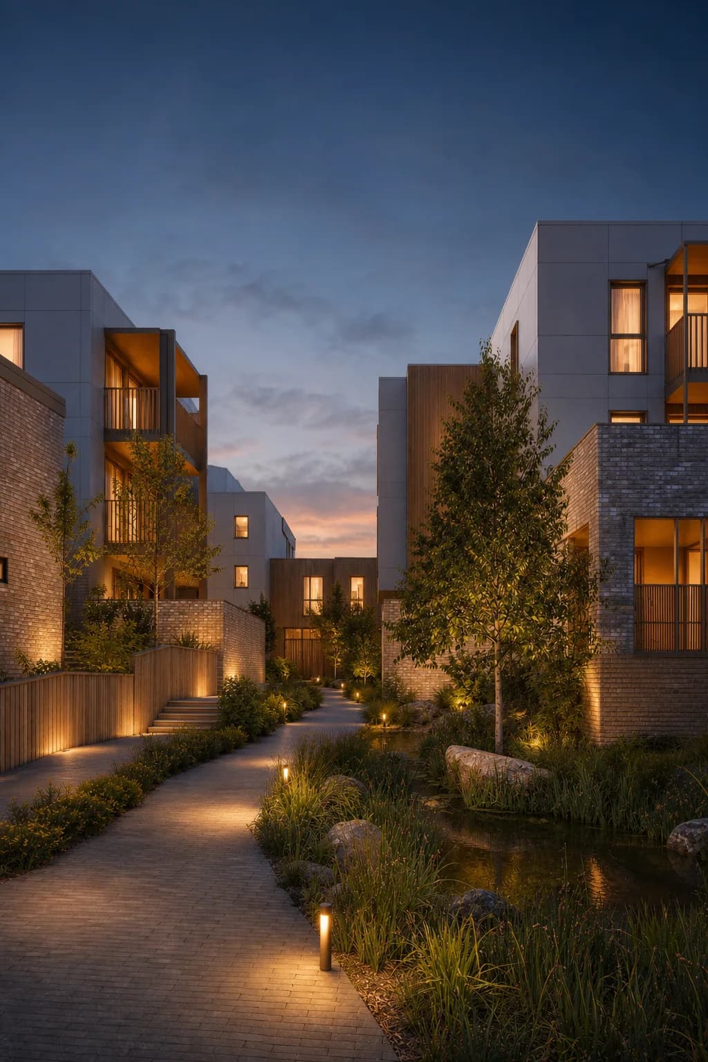 Blue hour mixed-generation housing complex render after a Rendervi Light Upgrade