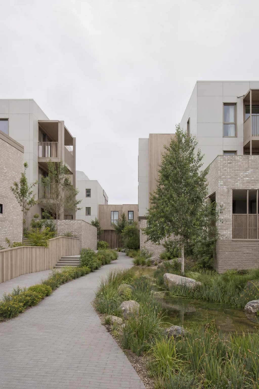 Overcast mixed-generation housing complex render before relighting