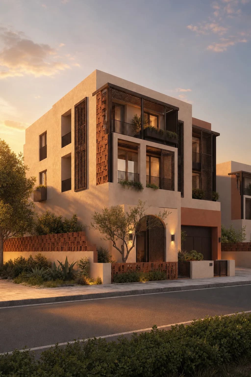 Golden hour modern Mediterranean residence render after a Rendervi Light Upgrade