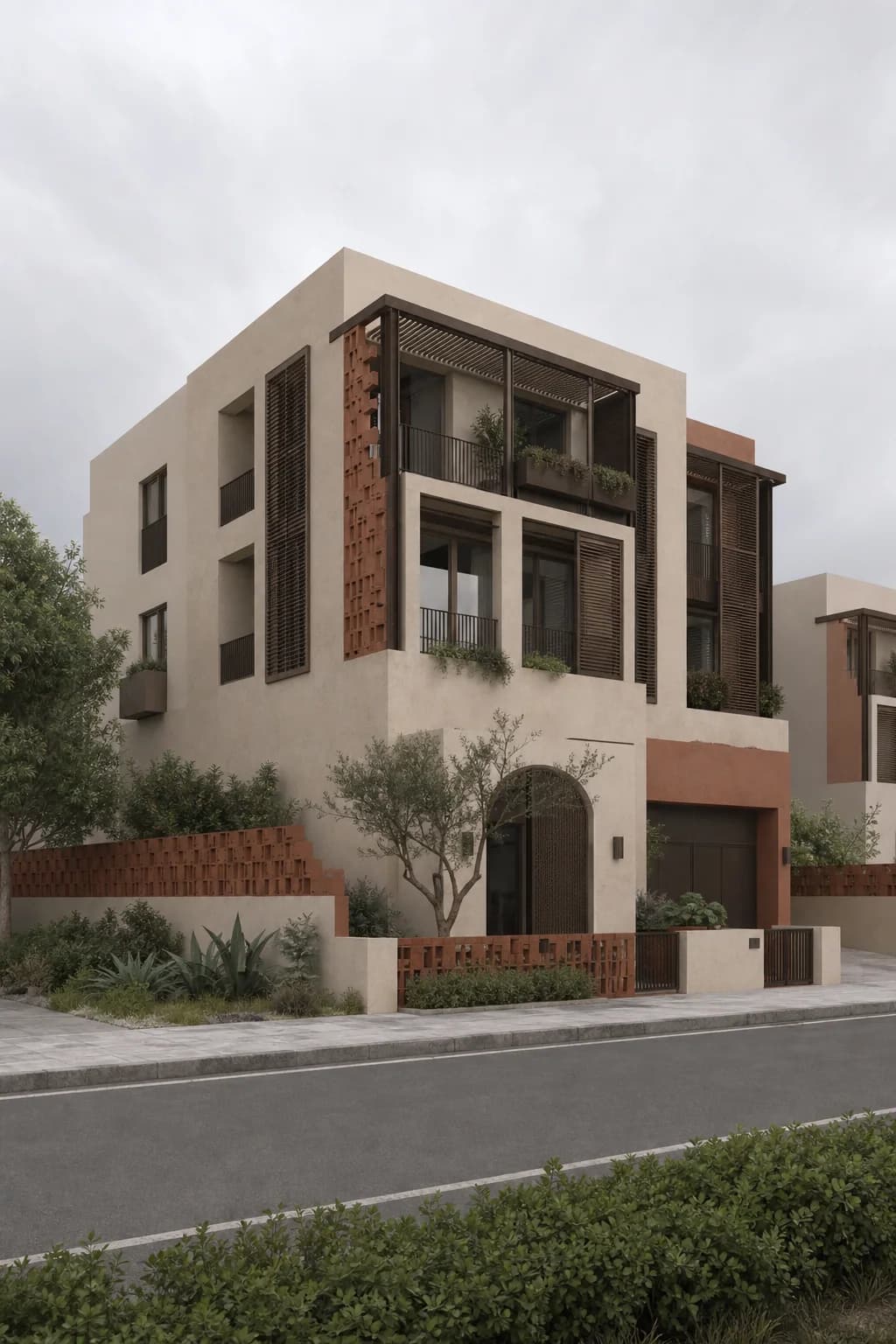 Neutral modern Mediterranean residence render before a lighting upgrade
