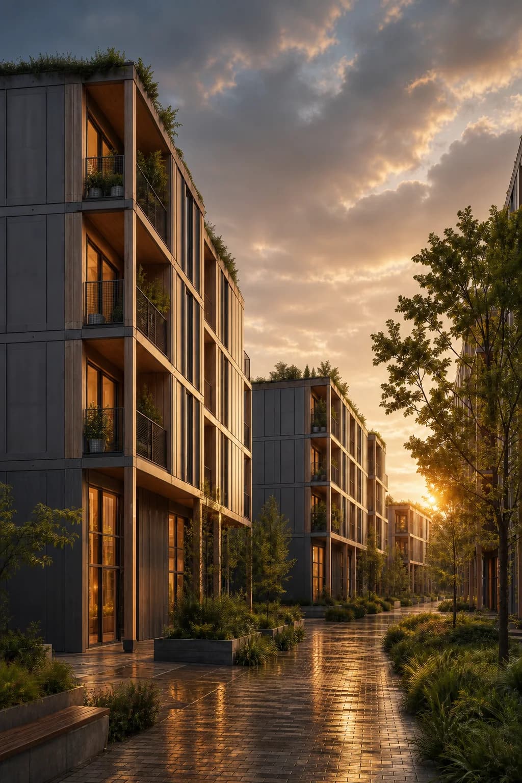 Rainy evening modular co-living building render after a Rendervi Light Upgrade