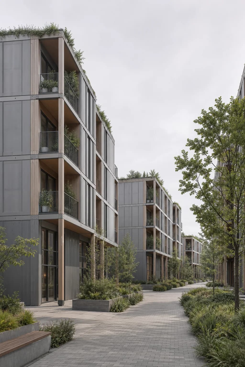 Flat daylight modular co-living building render before relighting