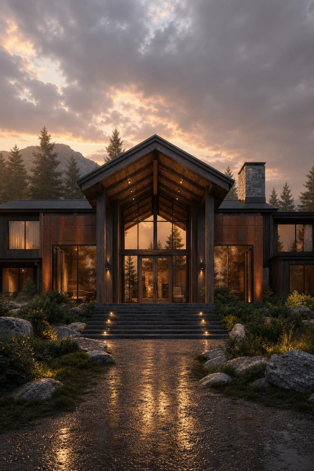 Warm dusk mountain retreat lodge render after a Rendervi Light Upgrade