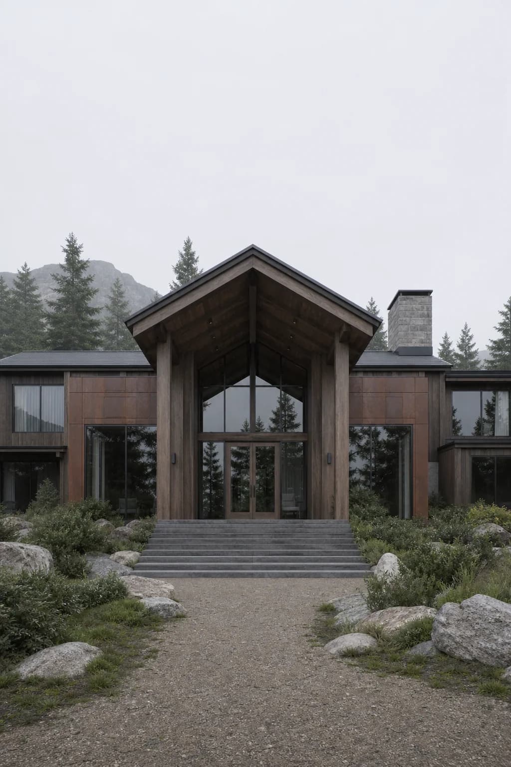 Muted mountain retreat lodge render before a light upgrade