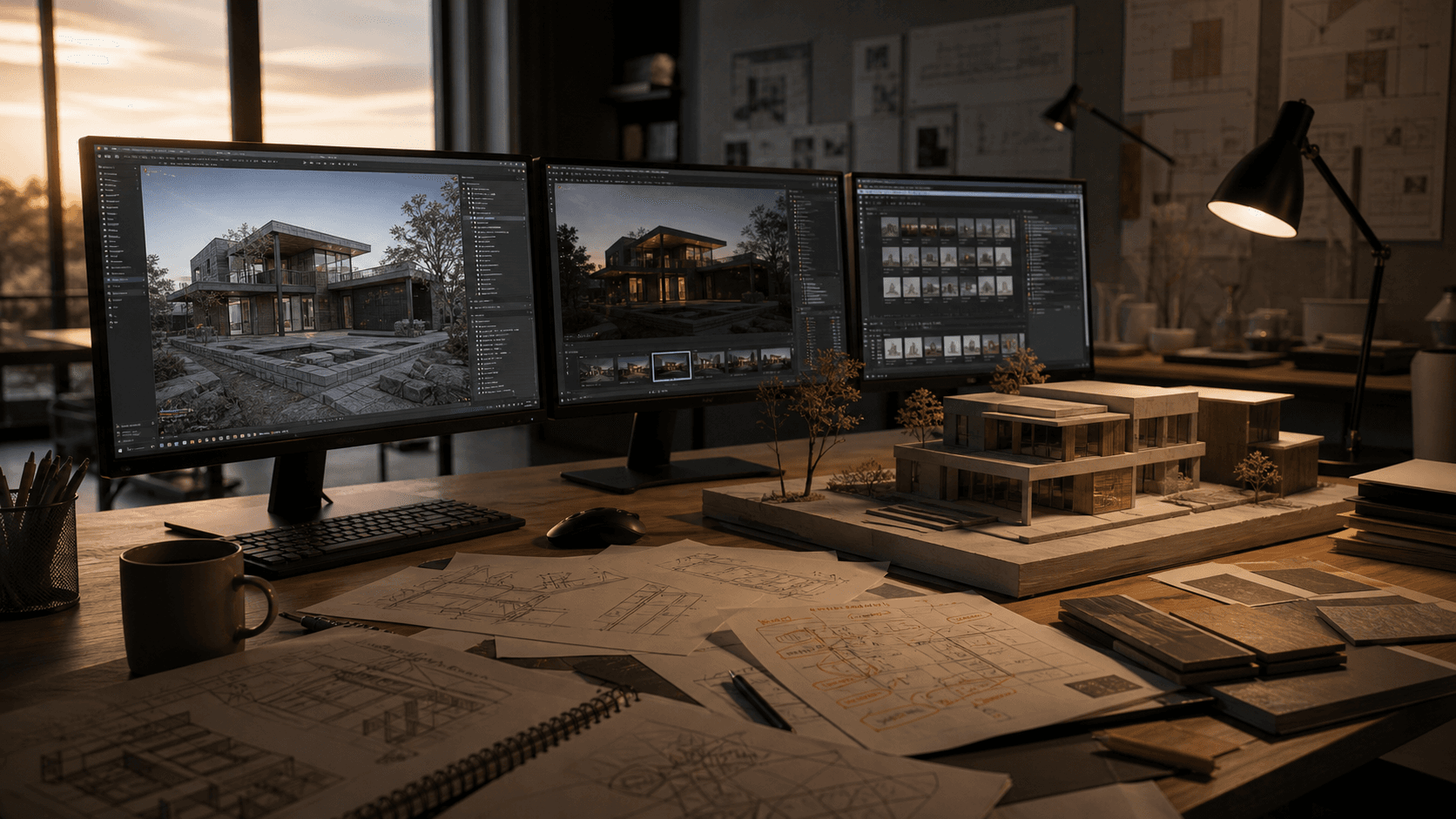 Small architecture studio showing a traditional rendering workflow