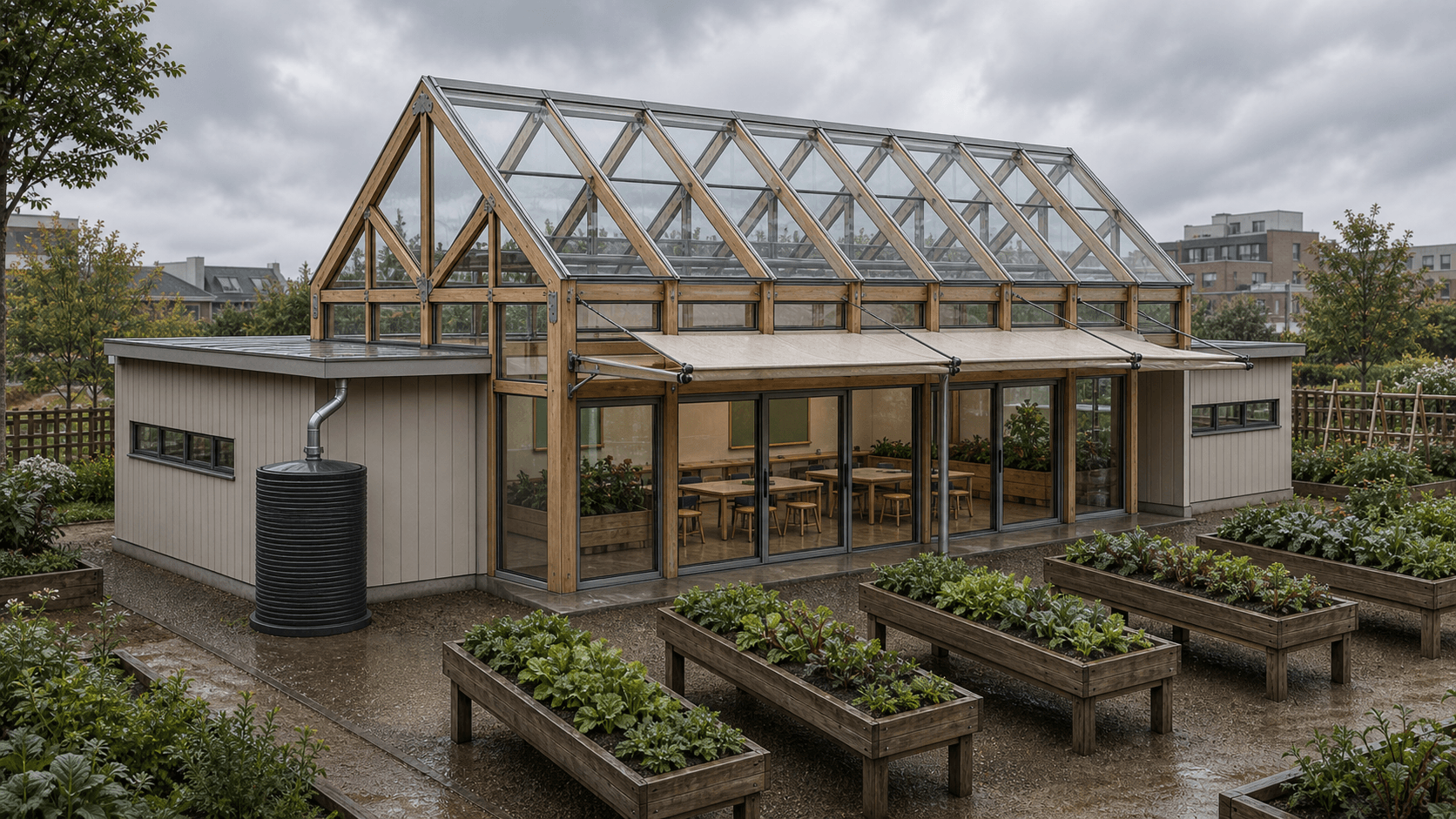 Environment AI render of a botanical greenhouse classroom with cloudy garden context made from a SketchUp model