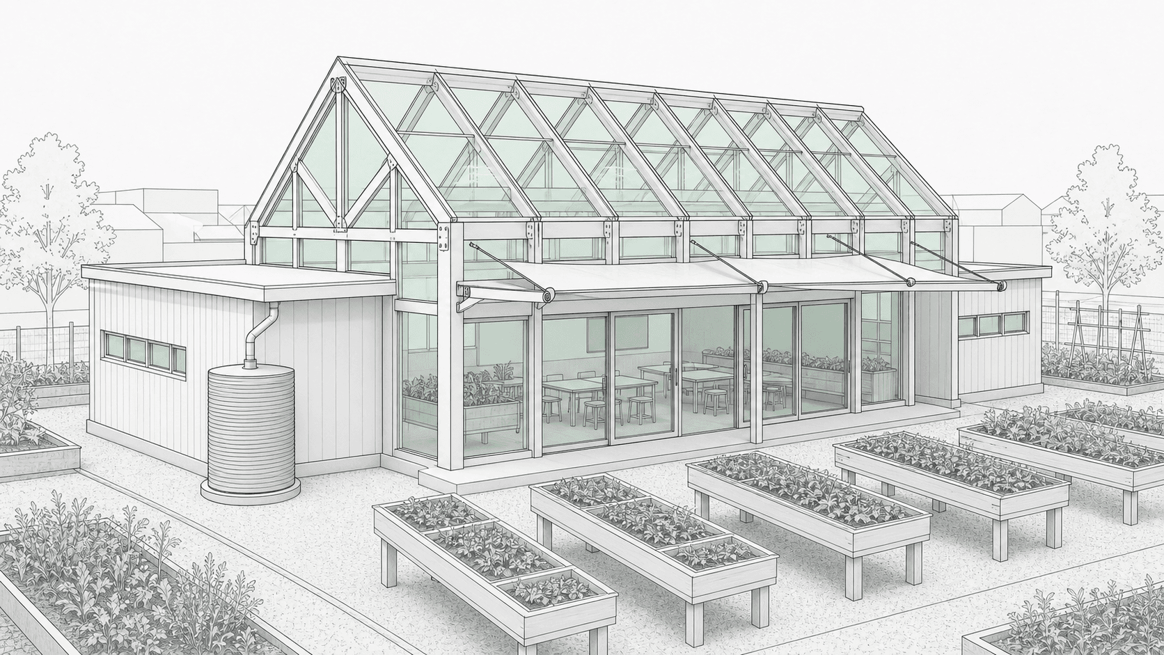SketchUp model screenshot of a botanical greenhouse classroom before Environment rendering