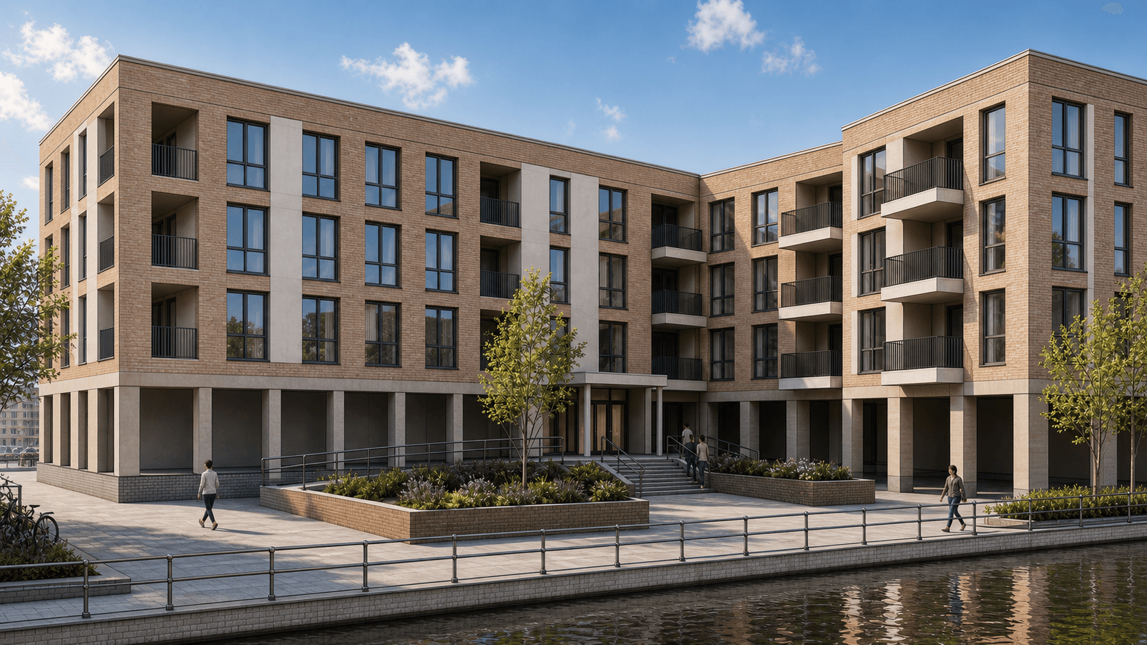 Environment AI render of canal-side apartment housing with morning waterfront context made from a Revit model