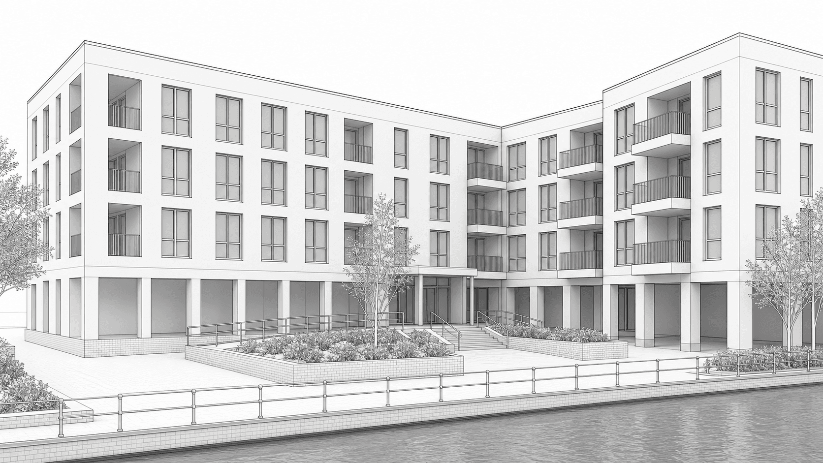Revit model screenshot of canal-side apartment housing before Environment rendering