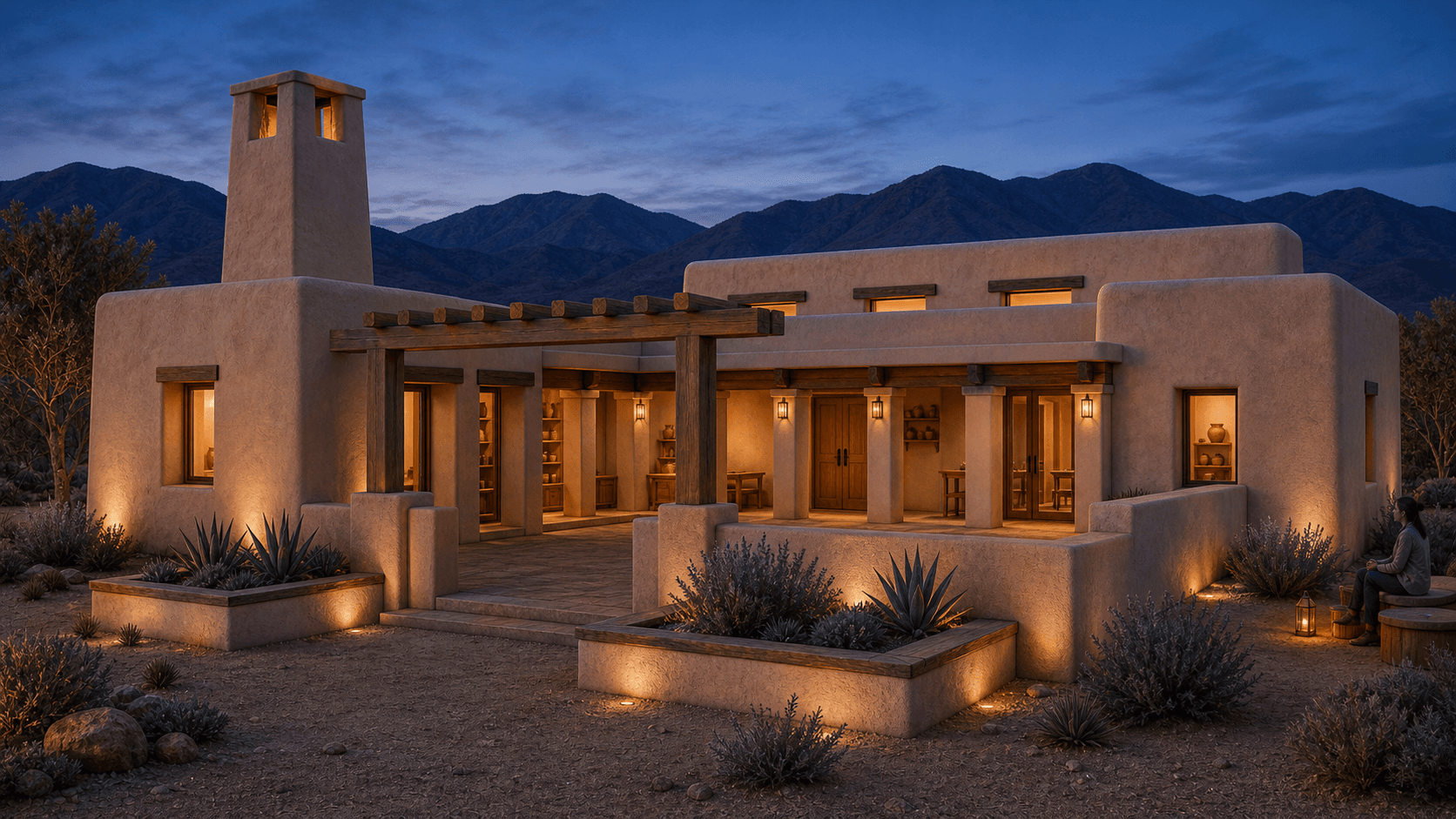 Environment AI render of a desert arts workshop at blue hour made from a SketchUp model