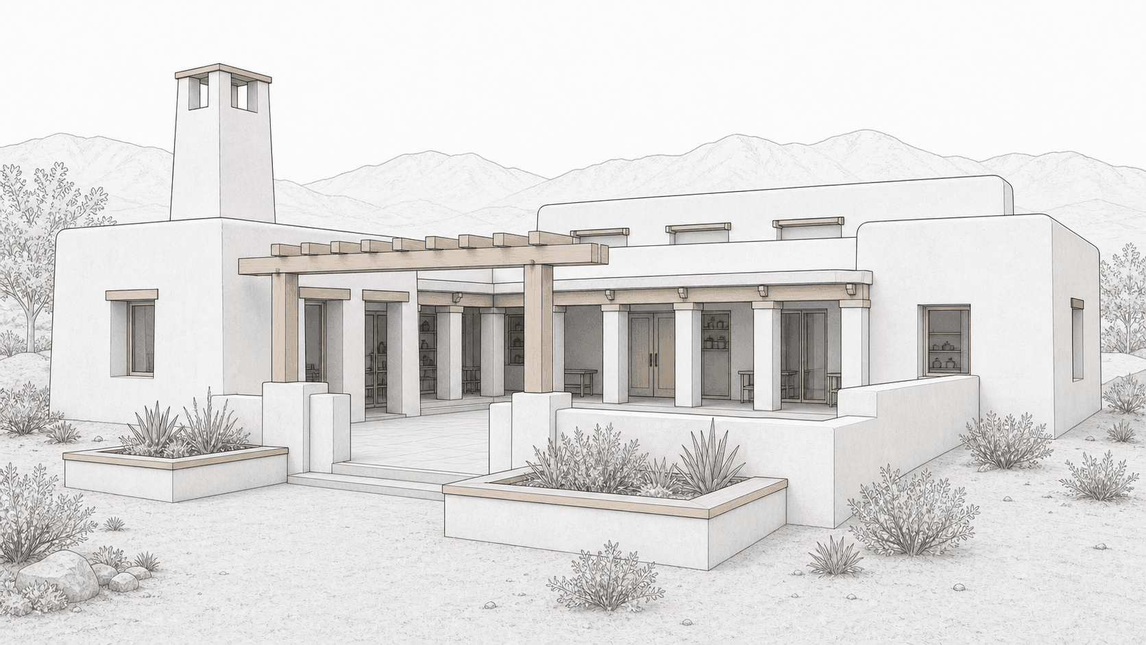 SketchUp model screenshot of a desert arts workshop before Environment rendering