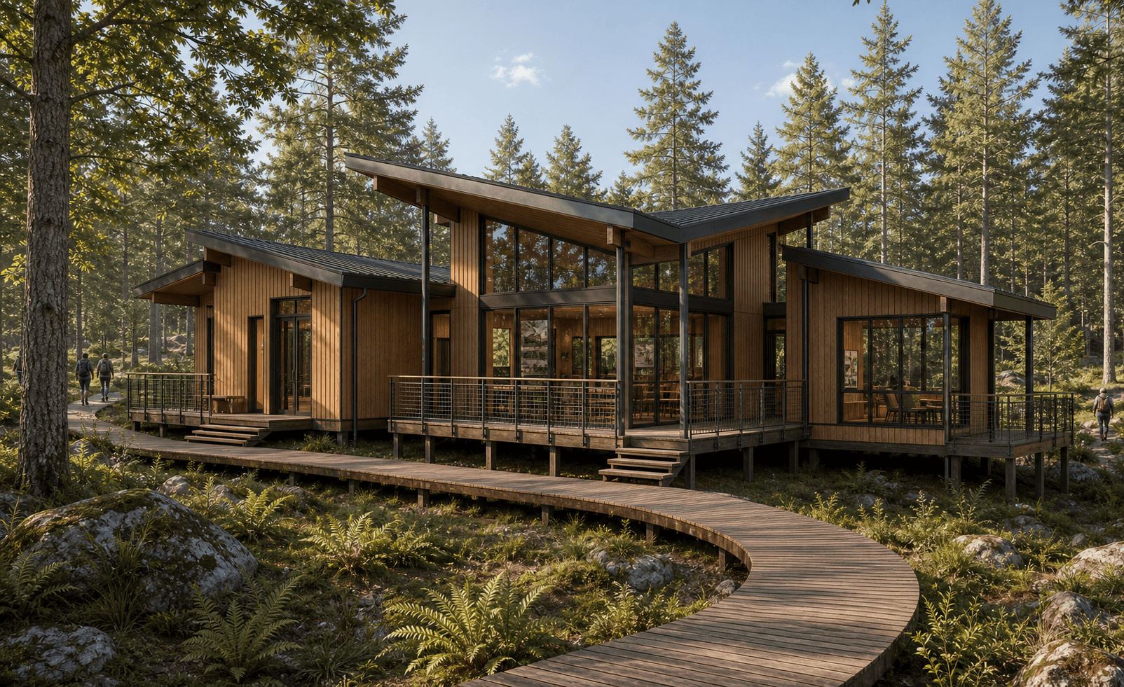 Environment AI render of a forest visitor center with timber boardwalk and woodland context made from a Rhino model