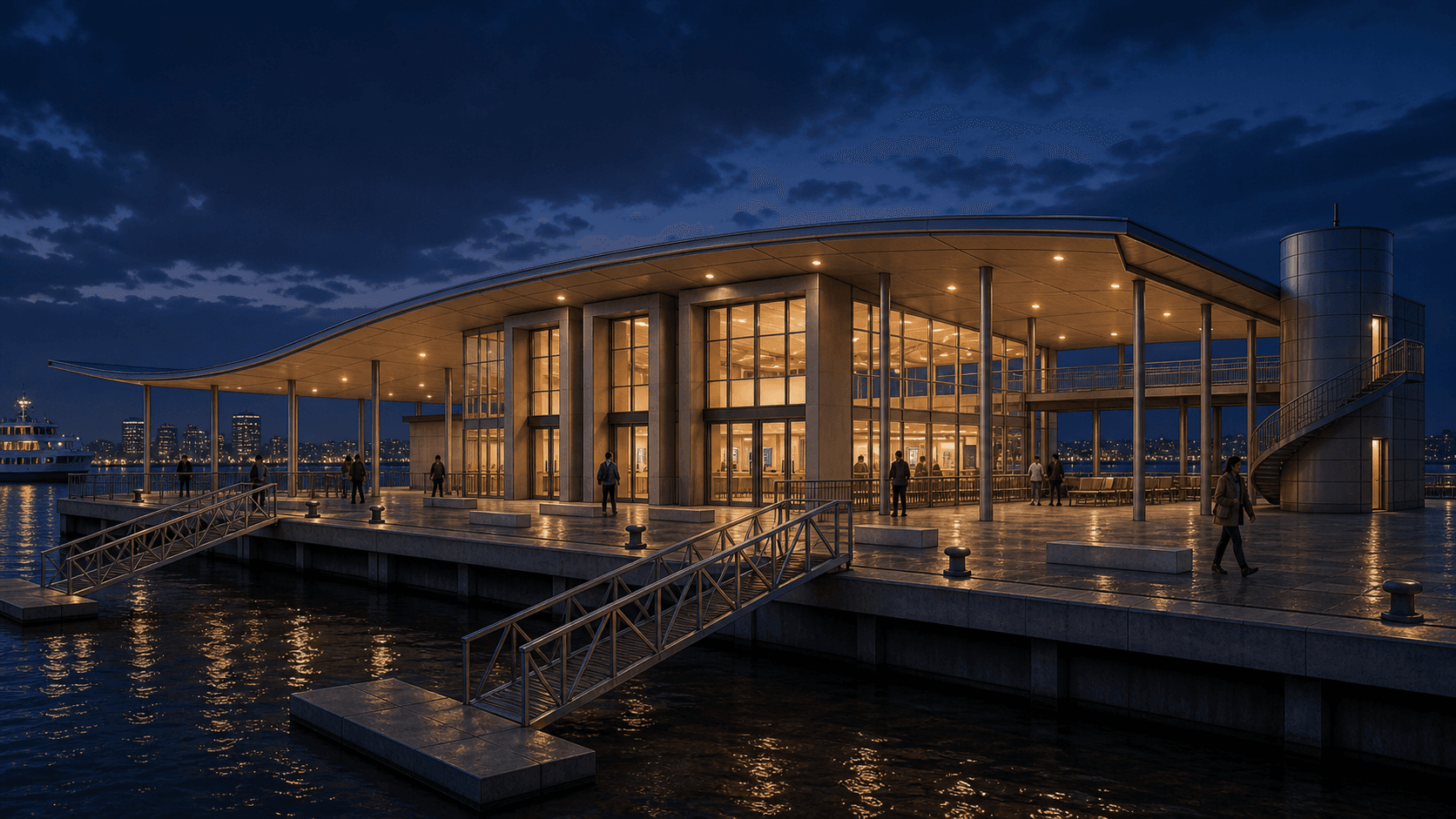 Environment AI render of a harbor ferry terminal at night made from a Revit model