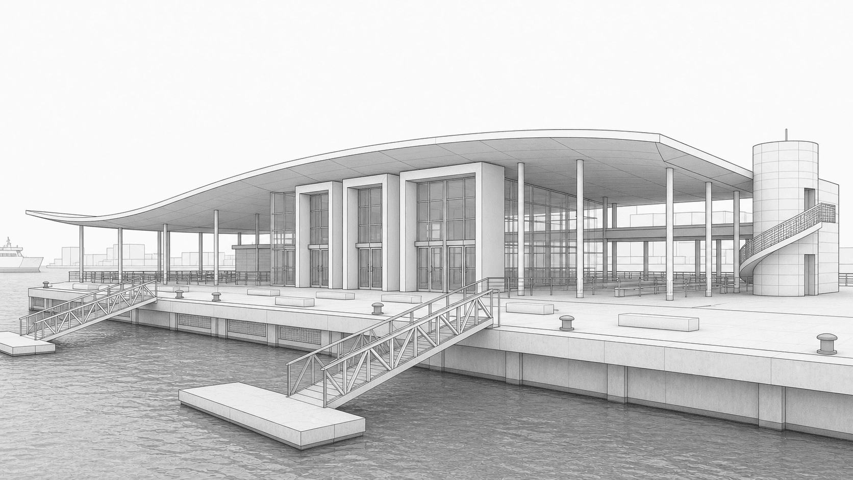 Revit model screenshot of a harbor ferry terminal before Environment rendering