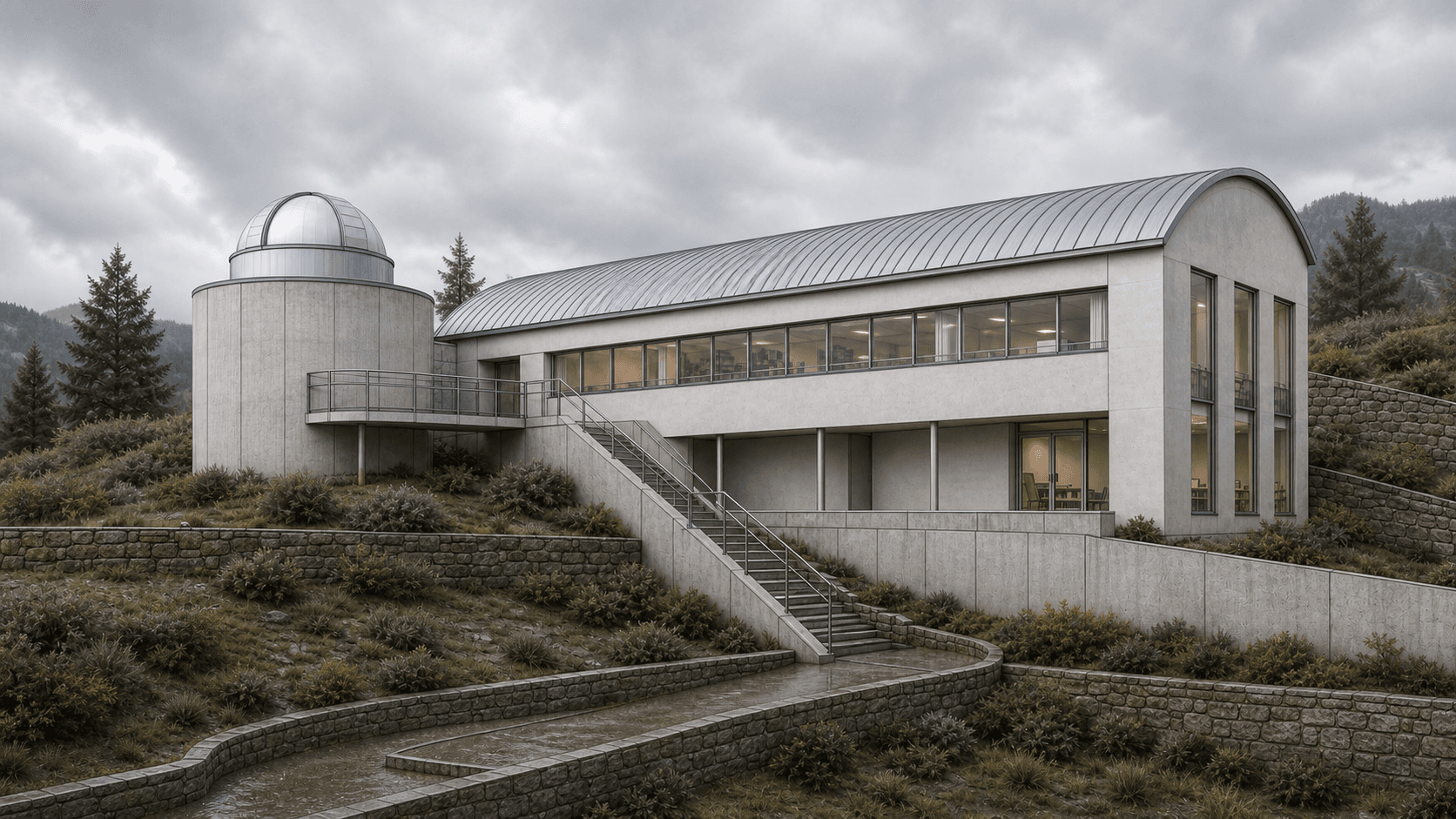 Environment AI render of a hillside research studio with cloudy mountain context made from a Rhino model