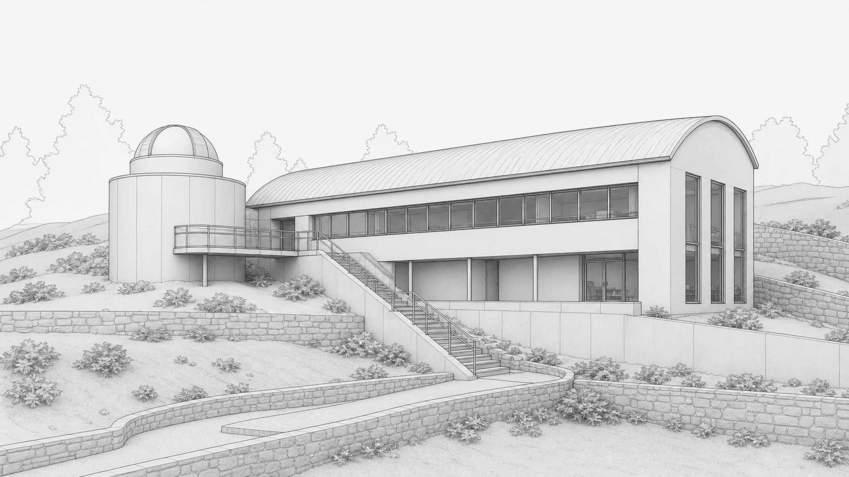 Rhino model screenshot of a hillside research studio before Environment rendering