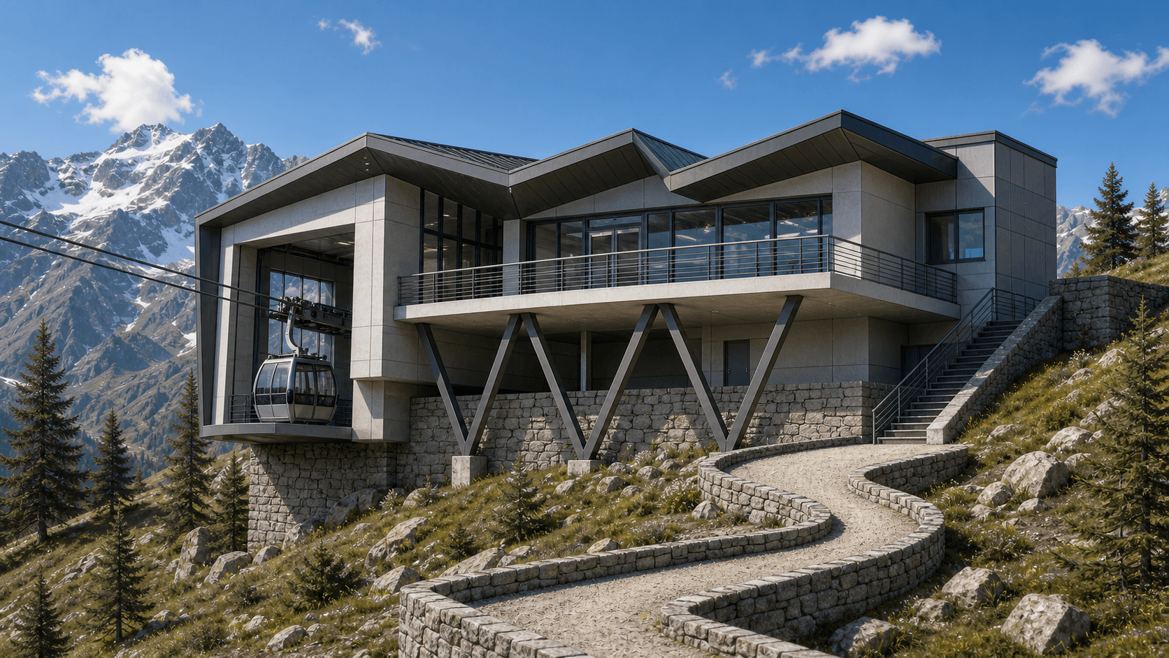 Environment AI render of a mountain cable-car station with clear alpine context made from a Rhino model