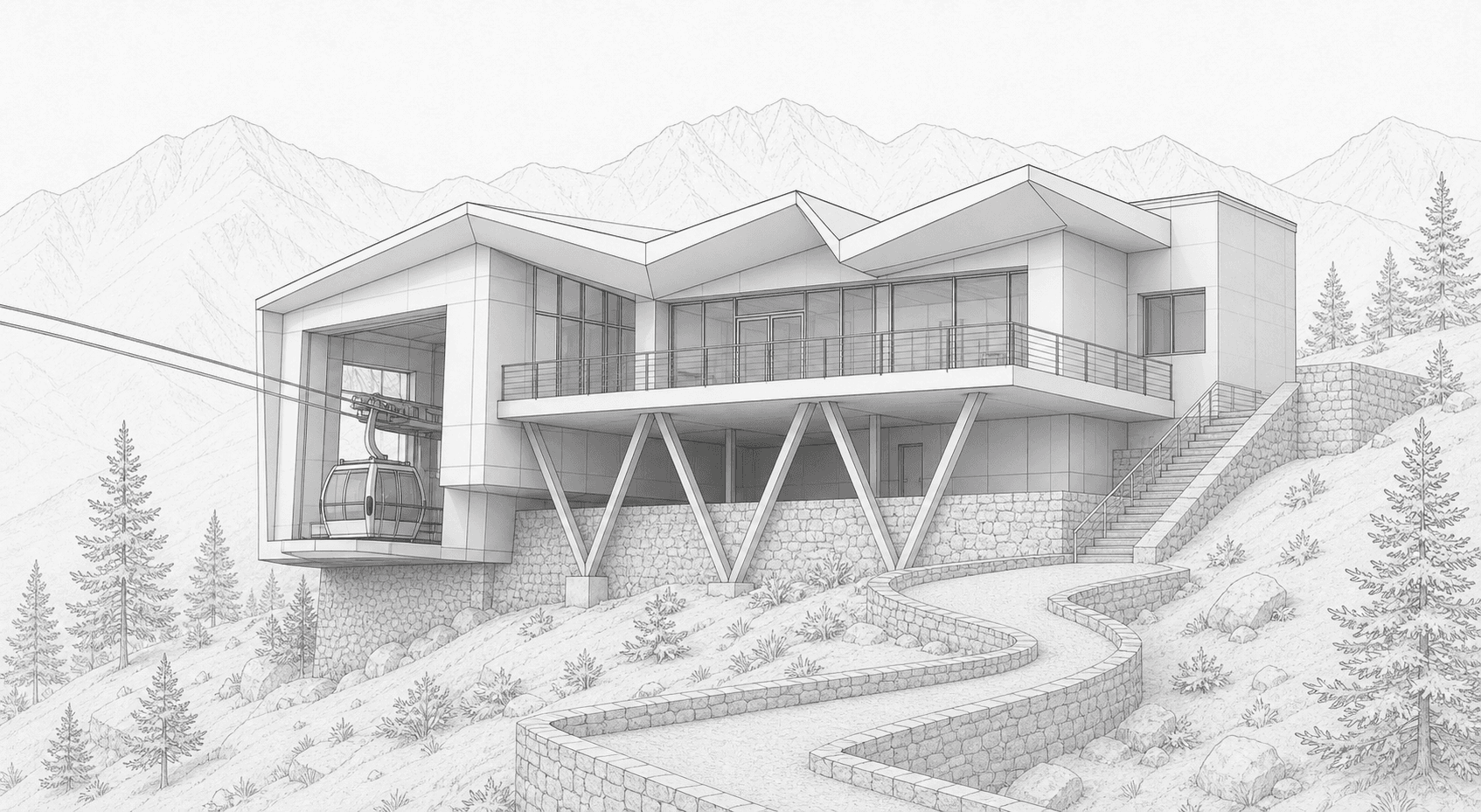 Rhino model screenshot of a mountain cable-car station before Environment rendering
