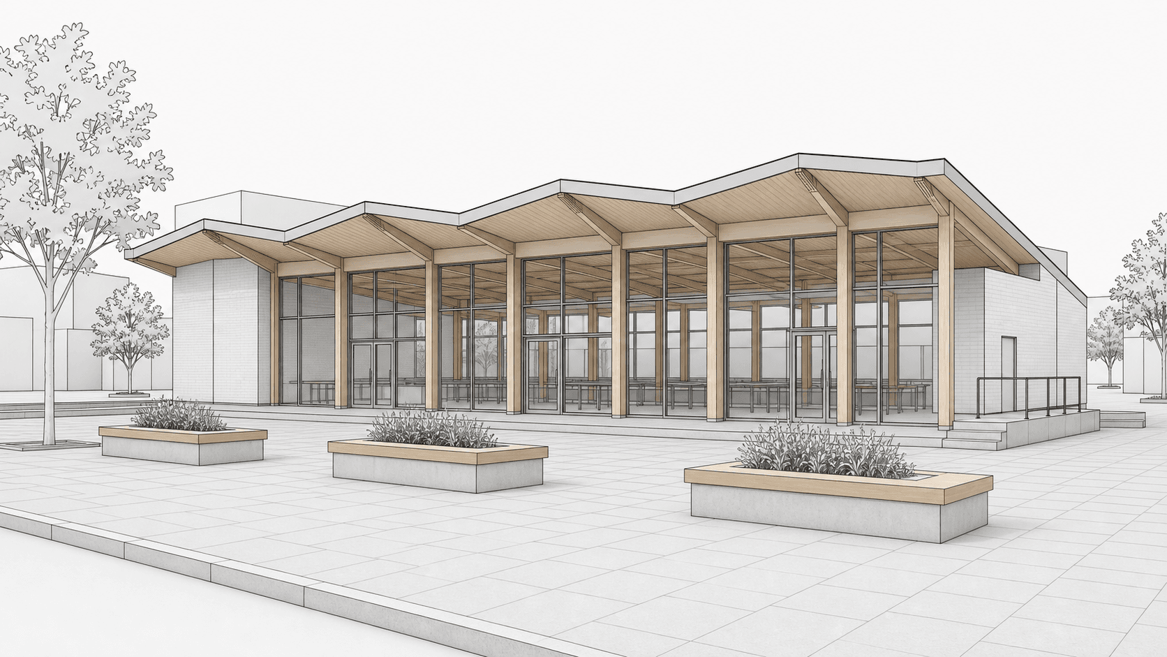 SketchUp model screenshot of a neighborhood market hall before Environment rendering