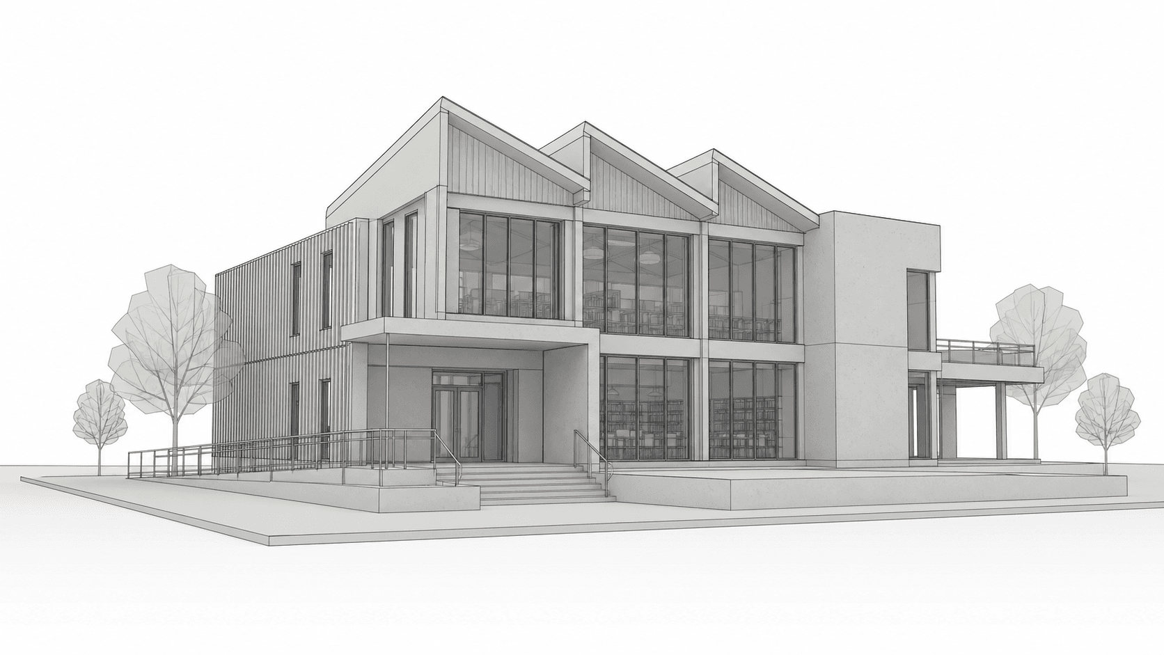 Revit model screenshot of a riverside community library before Environment rendering