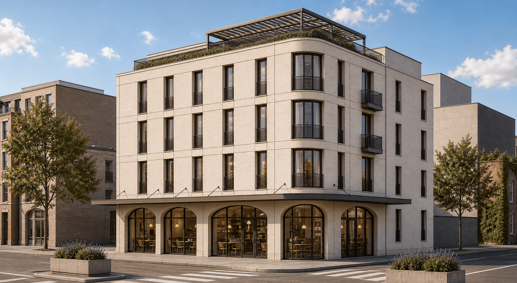 Environment AI render of an urban pocket hotel with daytime city street context made from an Archicad model