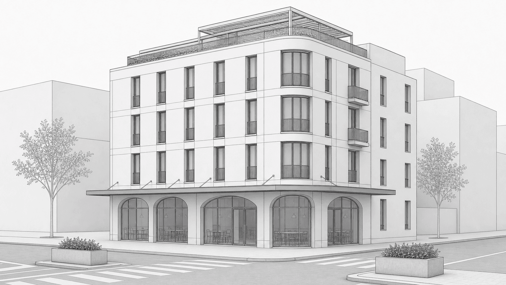 Archicad model screenshot of an urban pocket hotel before Environment rendering