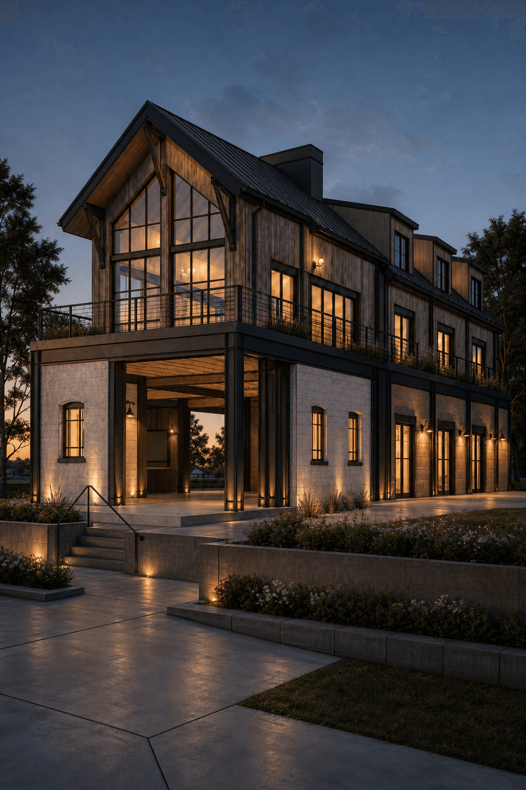 Photo-realistic AI render of barndominium residence made from a Revit model