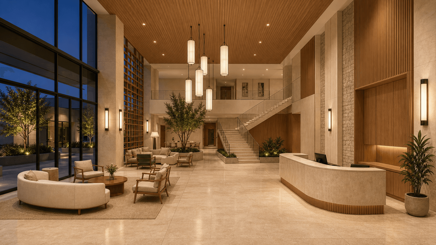 Photo-realistic AI render of boutique hotel lobby made from a Rhino model