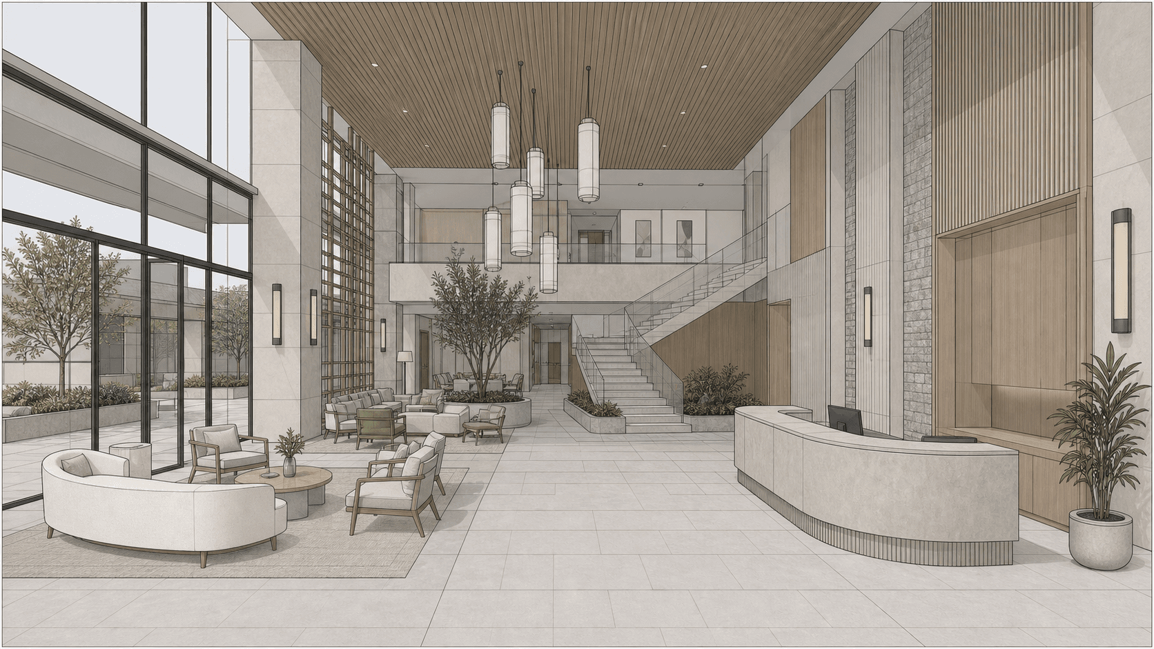 Rhino model screenshot of boutique hotel lobby before photo-realism rendering