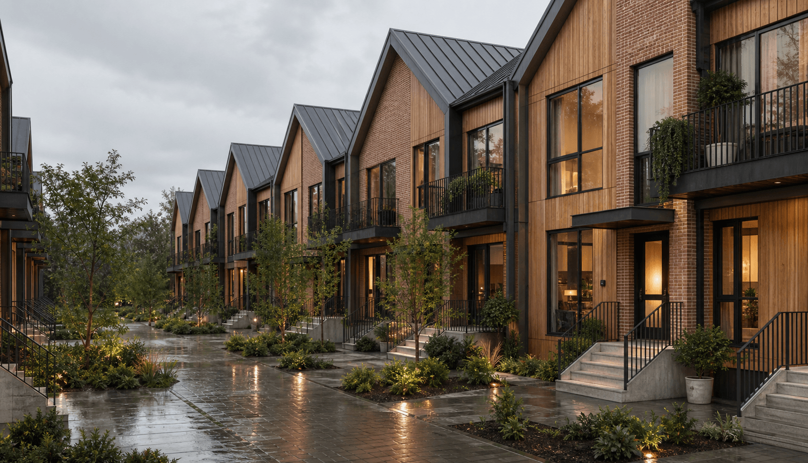Photo-realistic AI render of courtyard townhomes made from a SketchUp model