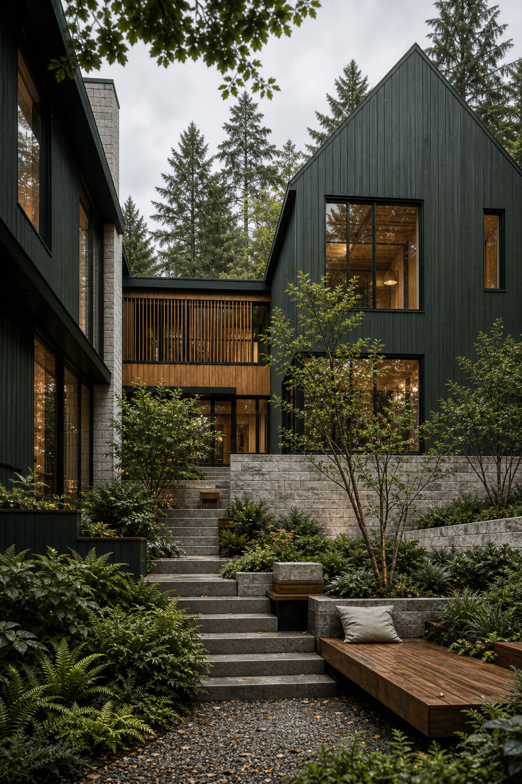 Photo-realistic AI render of forest courtyard residence made from a SketchUp model