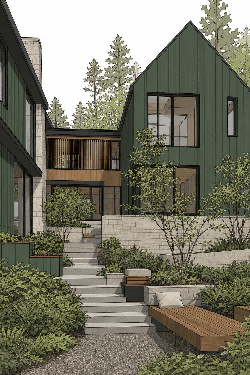 SketchUp model screenshot of forest courtyard residence before photo-realism rendering