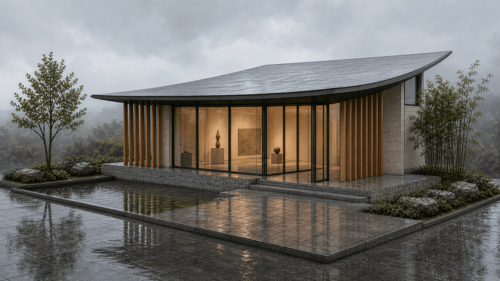 Photo-realistic AI render of garden gallery pavilion made from a Rhino model