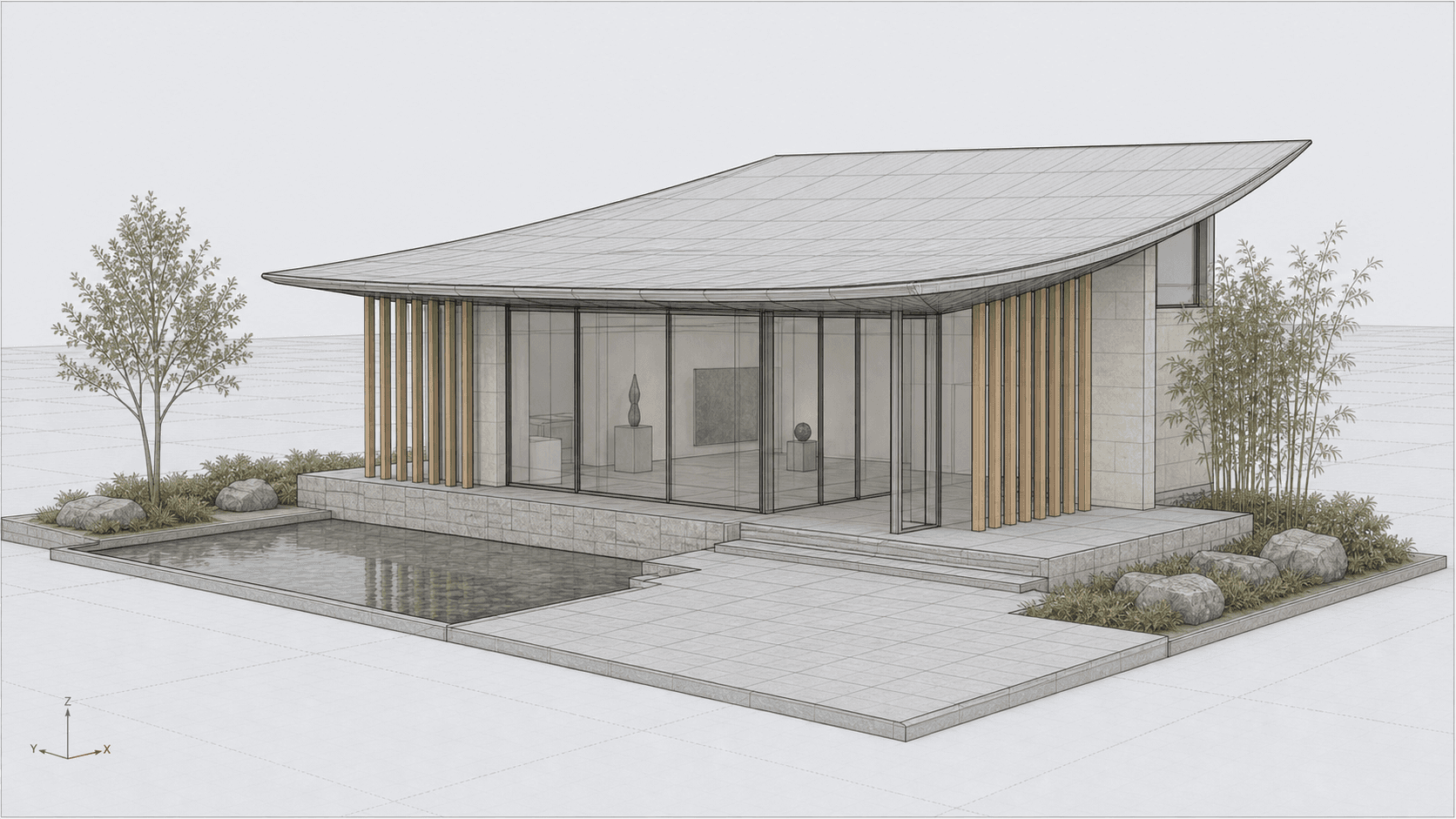 Rhino model screenshot of garden gallery pavilion before photo-realism rendering