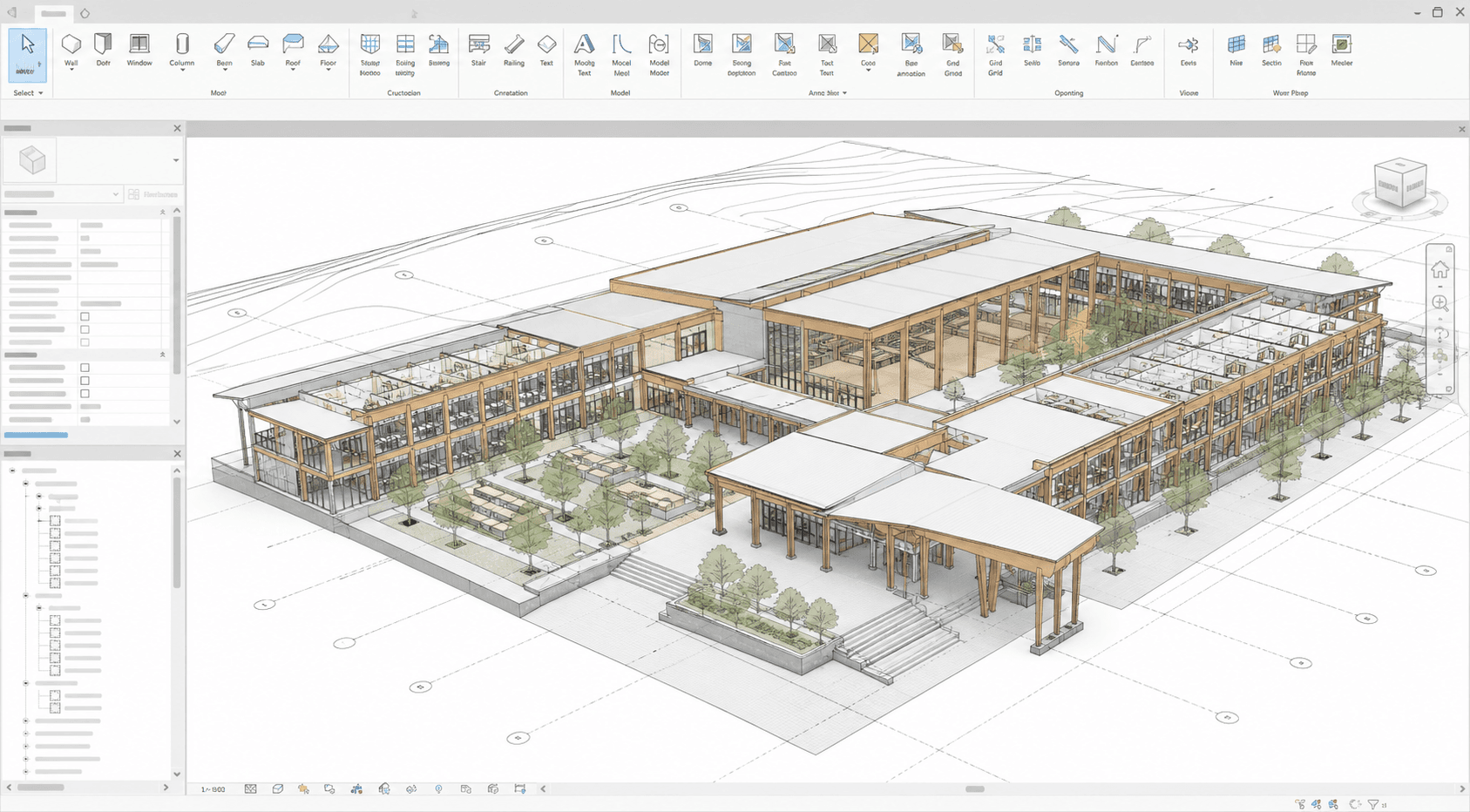 Revit model screenshot of mass timber school before photo-realism rendering