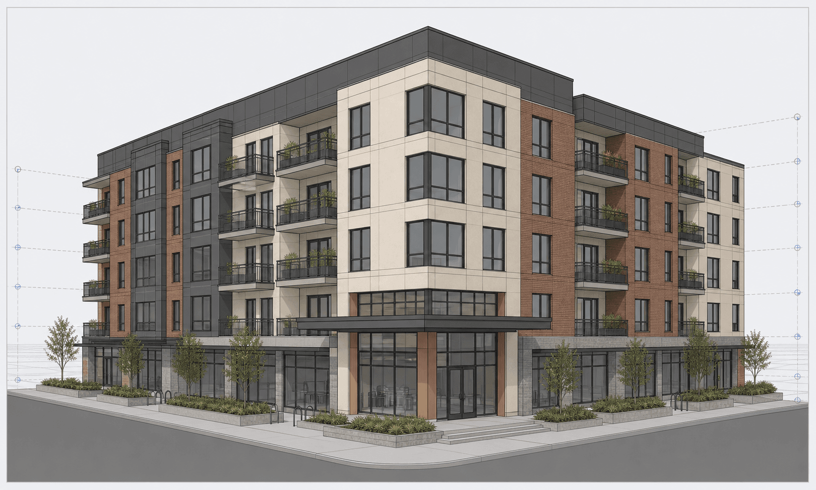 Revit model screenshot of mixed-use apartment block before photo-realism rendering