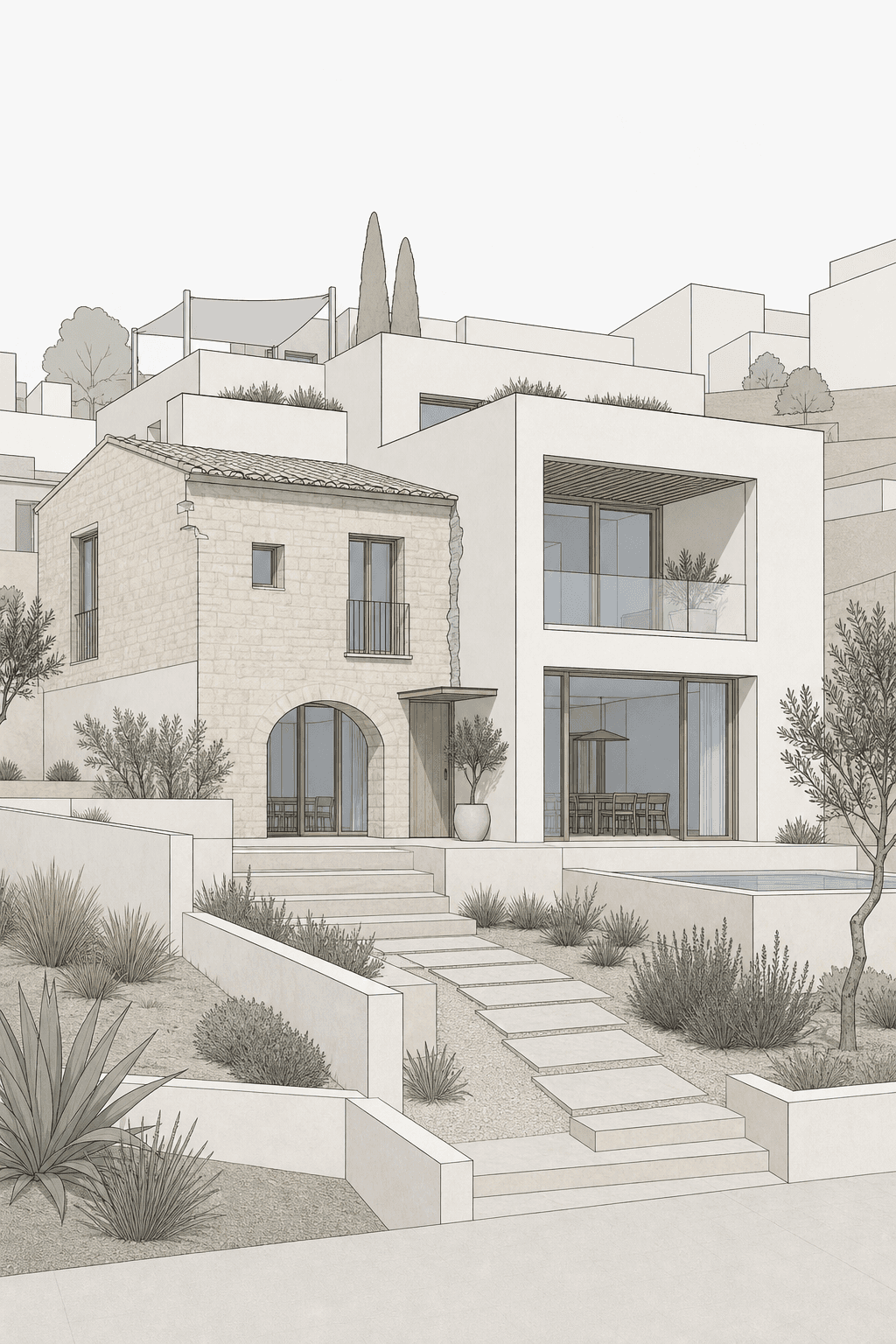 SketchUp model screenshot of modern mediterranean residence before photo-realism rendering
