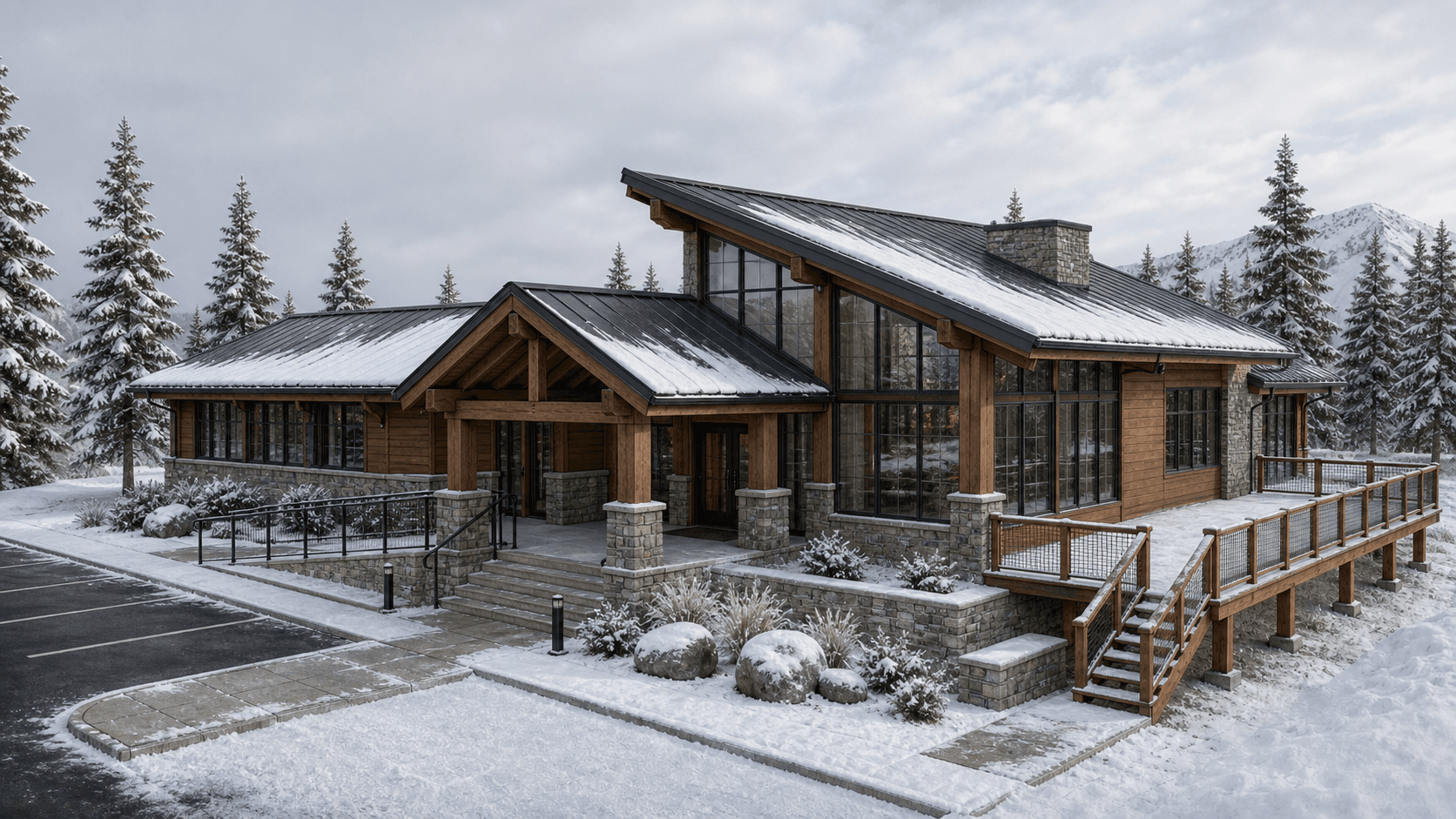 Photo-realistic AI render of mountain visitor center made from a SketchUp model