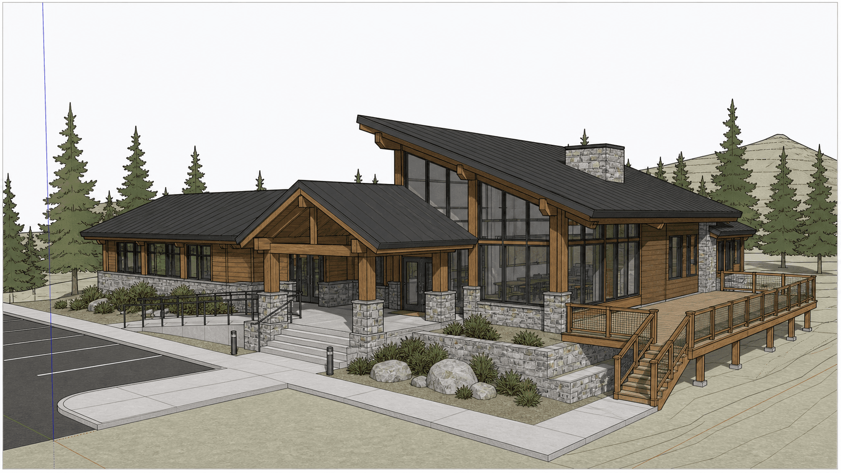 SketchUp model screenshot of mountain visitor center before photo-realism rendering
