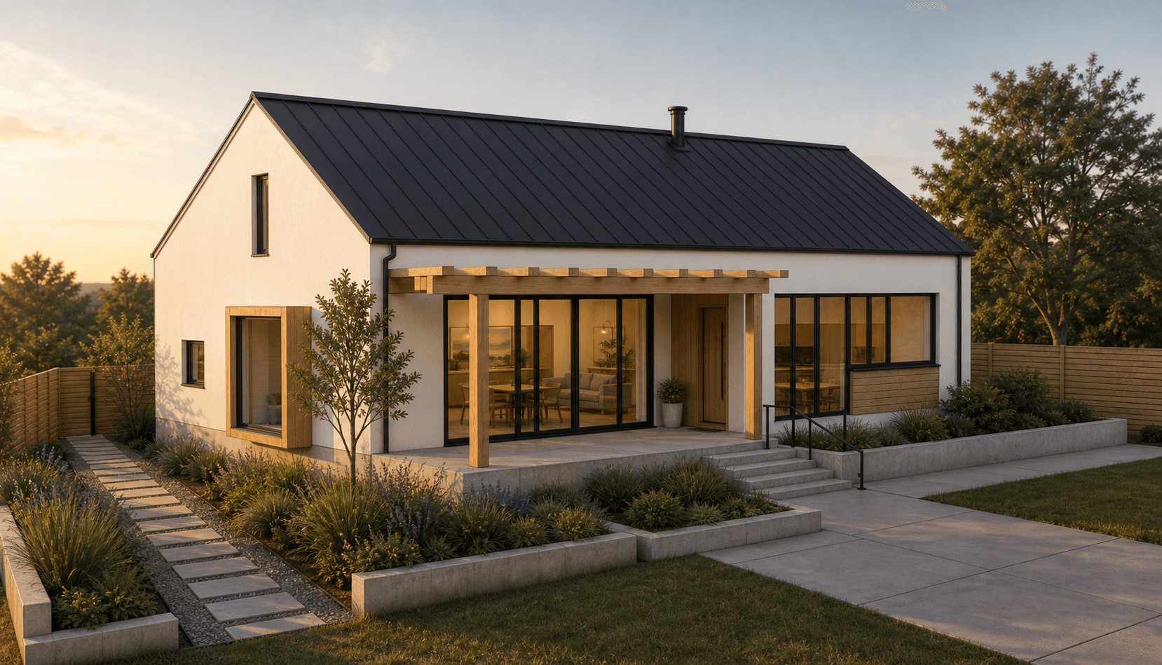 Photo-realistic AI render of passive single-family house made from a Revit model